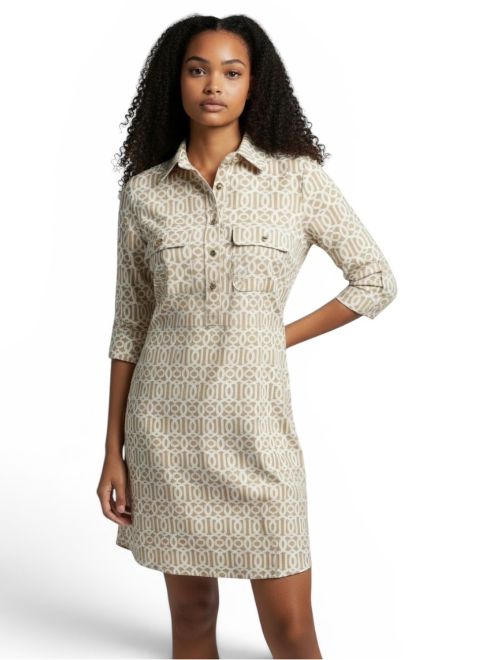Jude Connally Tan & White Geometric Print Susanna “Jude Cloth” Shirt Dress, XS